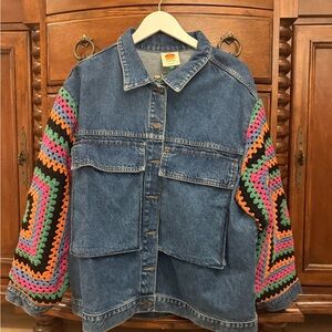 Farm Rio Denim Jacket with Colorful Crochet Sleeves